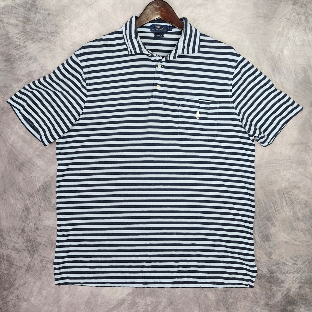 Polo Ralph Lauren Striped Pocket Polo Shirt Mens Large Navy Blue White Classic